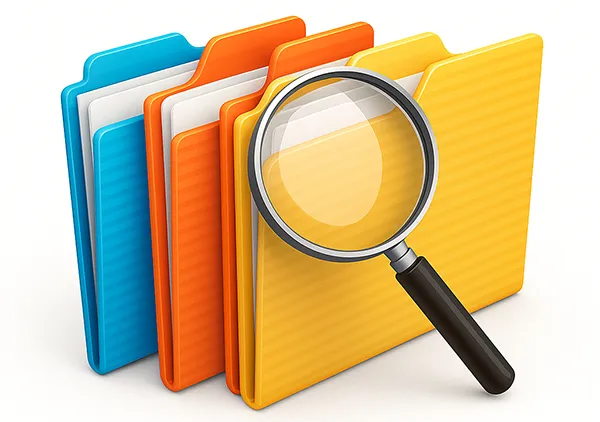 Ilustracija fascikli koje predstavljaju dokumentaciju javnih nabavki, sa simboličnom lupom – vizuelni prikaz za stranicu Javne nabavke